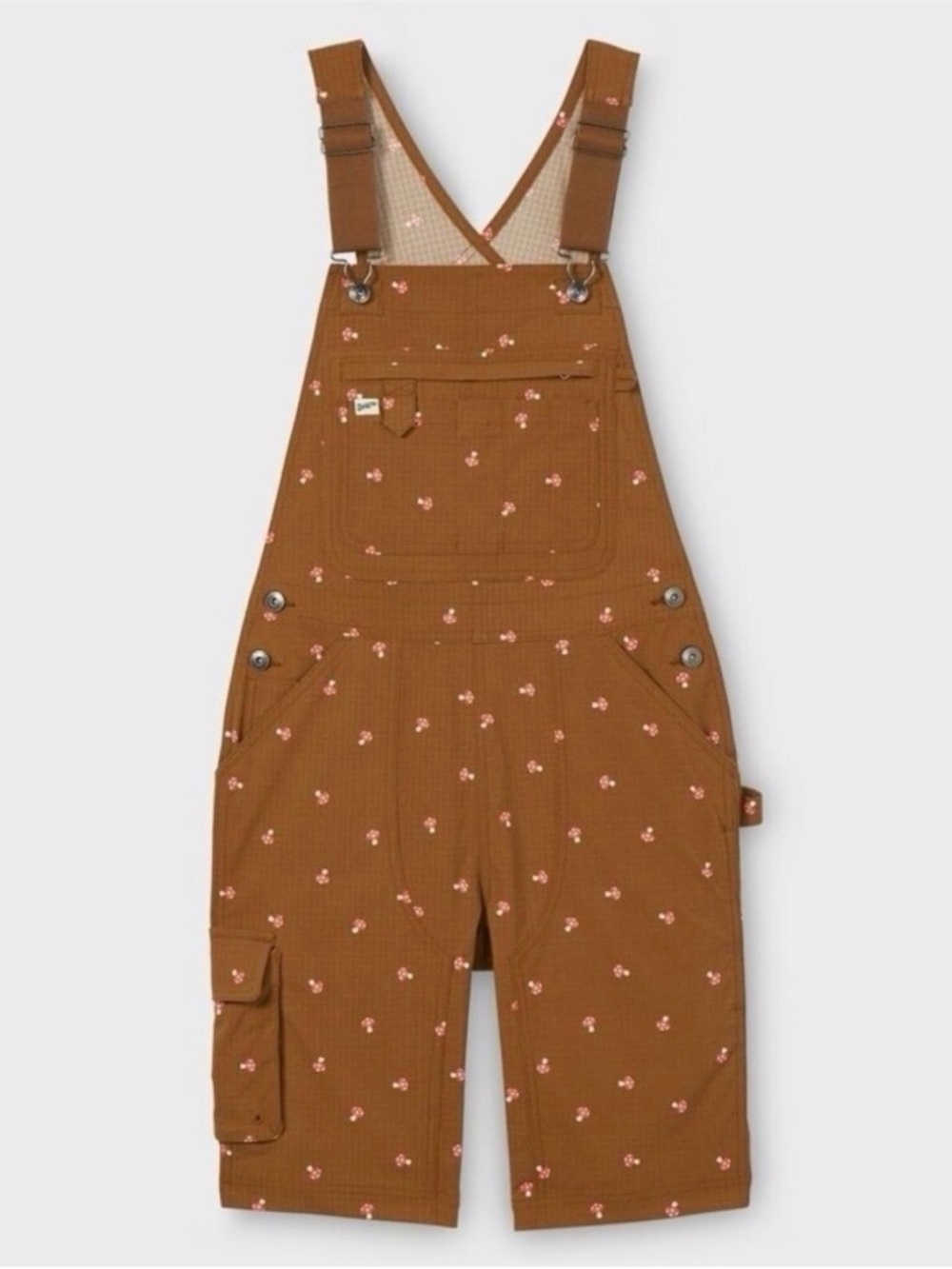 Duluth Women's Heirloom Gardening Brown Short Overalls Bib Mushrooms Size XS